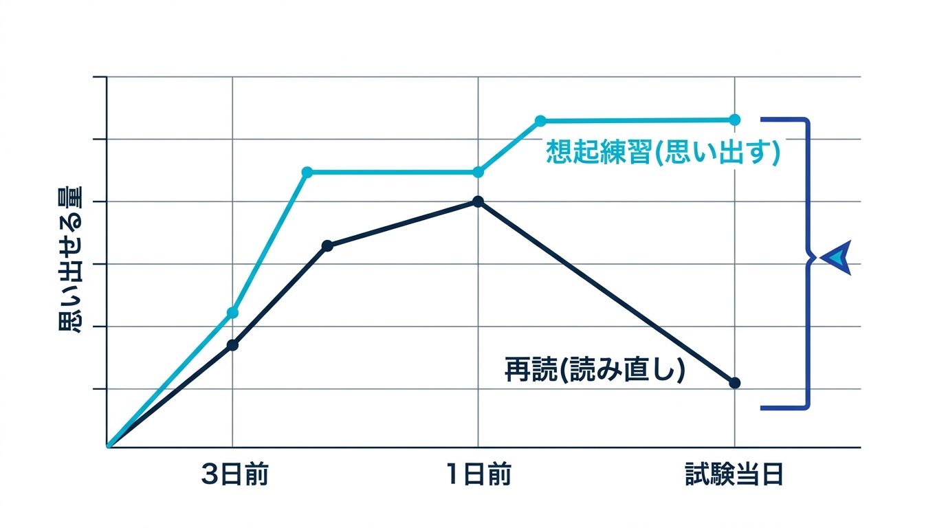再読と想起練習の試験当日の再生率比較。読み直しは忘却が速く、思い出す練習は残る