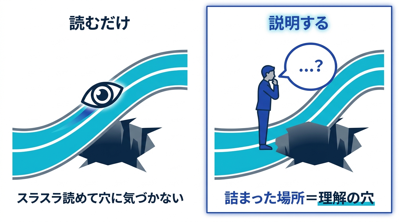 読むだけでは通り過ぎてしまう理解の穴を、説明すると正確に検出できることを示す対比図