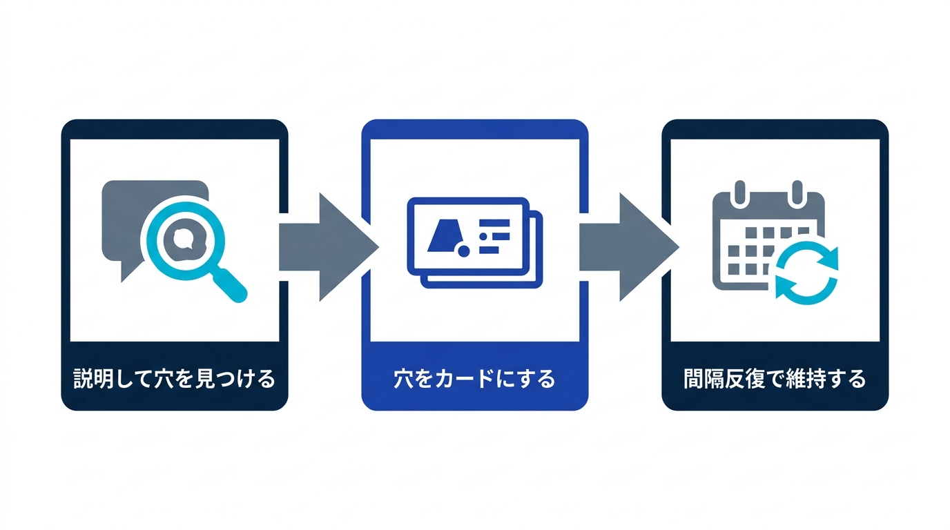 説明で理解の穴を見つけ、穴をカード化し、間隔反復で維持するという組み合わせの流れ図