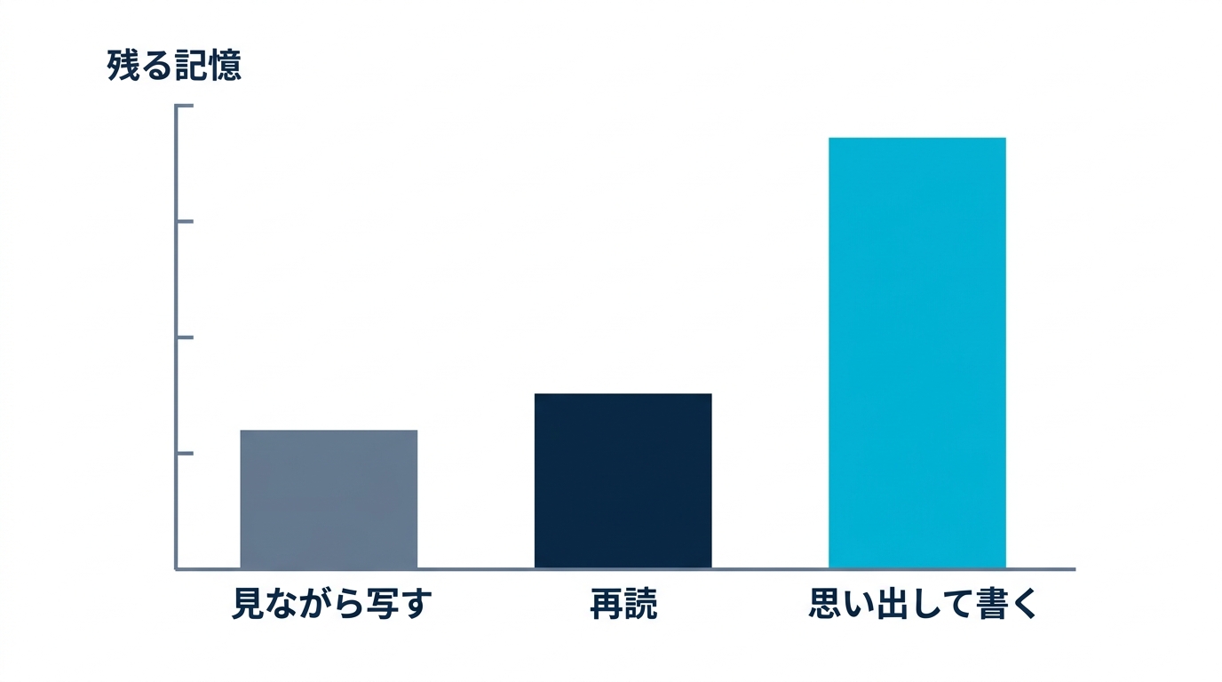 同じ30分を書き写し、再読、思い出して書くに使った場合の定着の違いを示す比較チャート。思い出して書くが最も残る