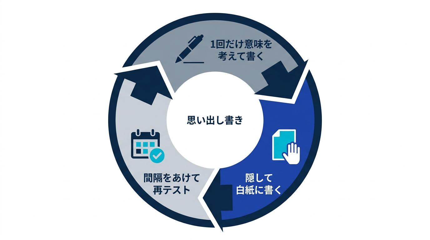 1回観察して書く、隠して白紙に書く、間隔をあけて再テストする、という思い出し書きのサイクル図