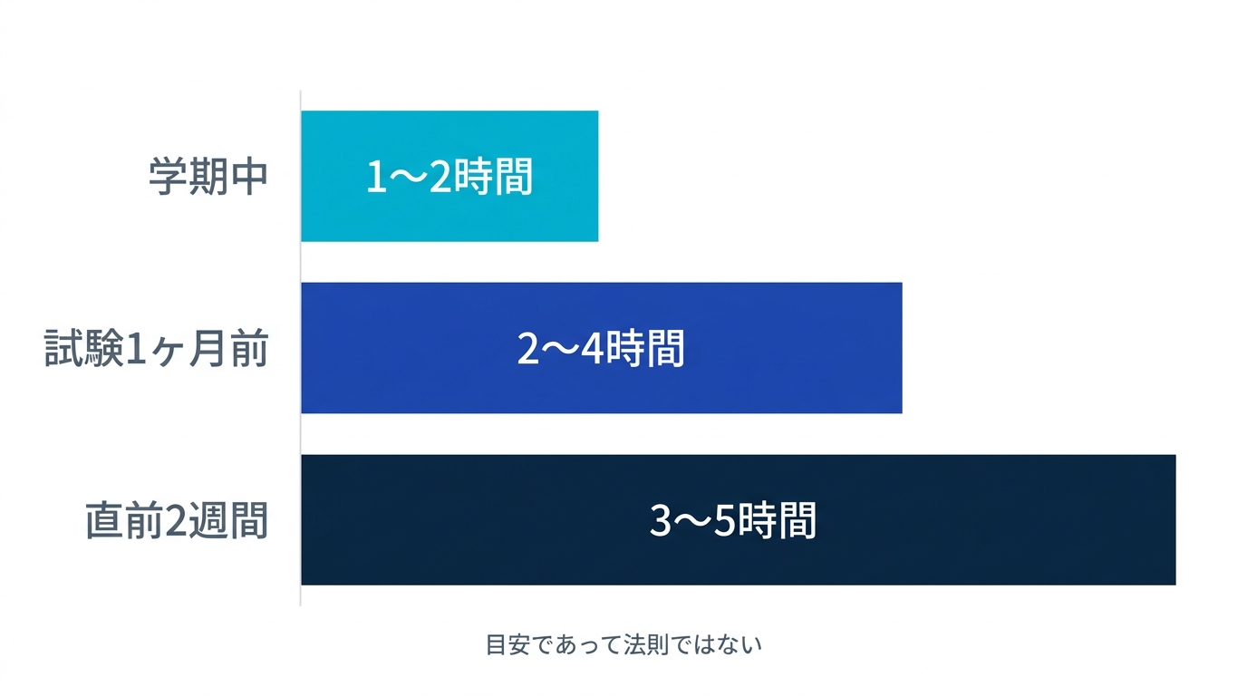 学期中は1日1〜2時間、試験1ヶ月前は2〜4時間、直前2週間は3〜5時間という状況別の勉強時間の目安