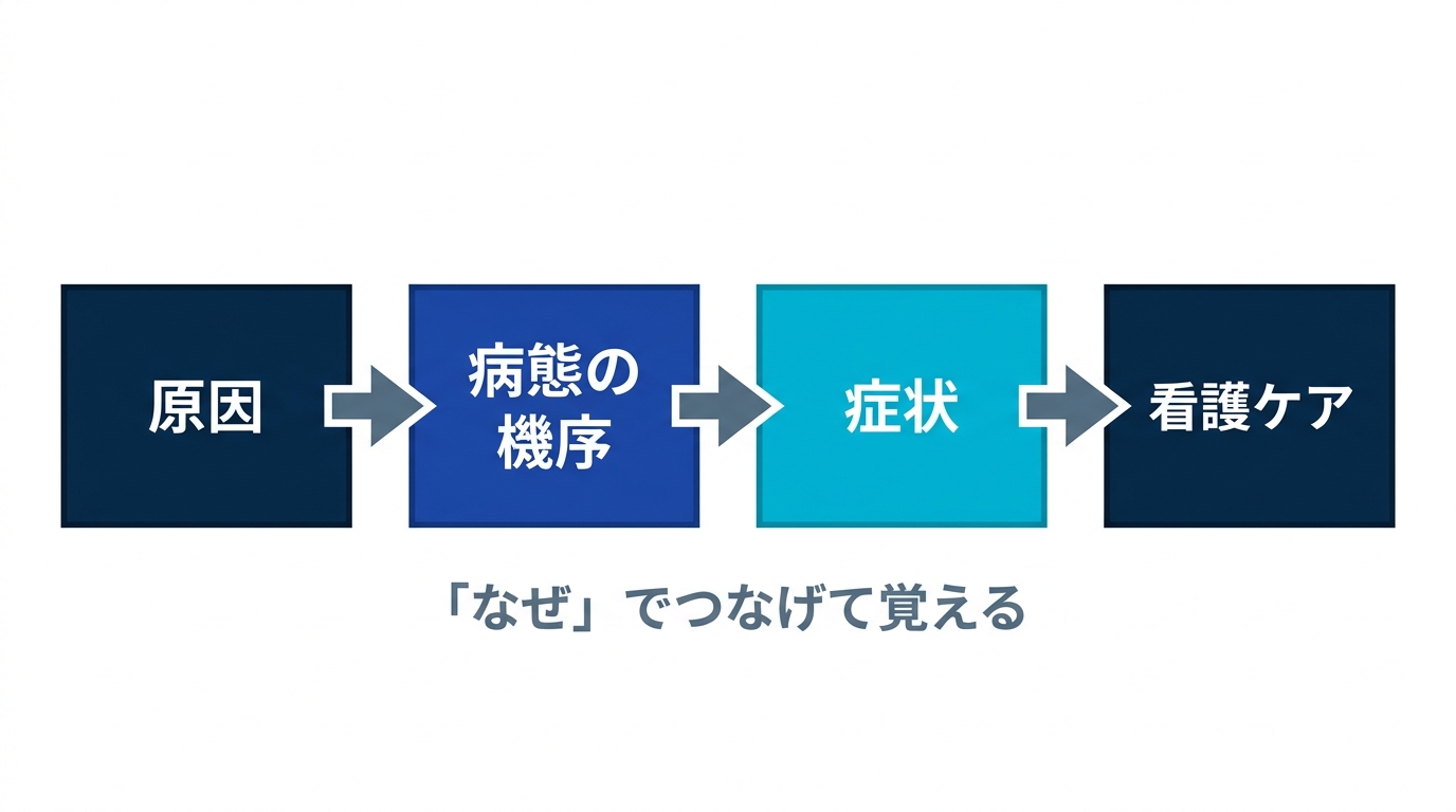看護の病態を原因から機序、症状、看護ケアへと「なぜ」でつなげて覚える流れ図