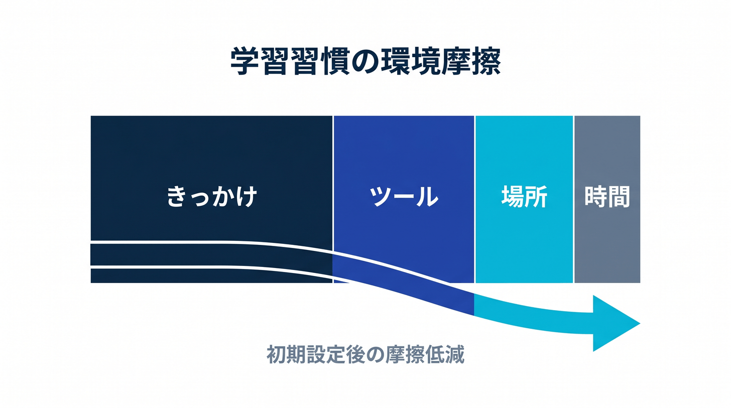 学習開始までの環境摩擦の積層 - 物理的摩擦・認知的摩擦・社会的摩擦の3層と所要時間