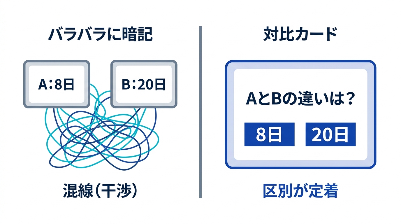 似た規定をバラバラに覚えると混線するが、違いを問う対比カードにすると区別が定着することを示す図