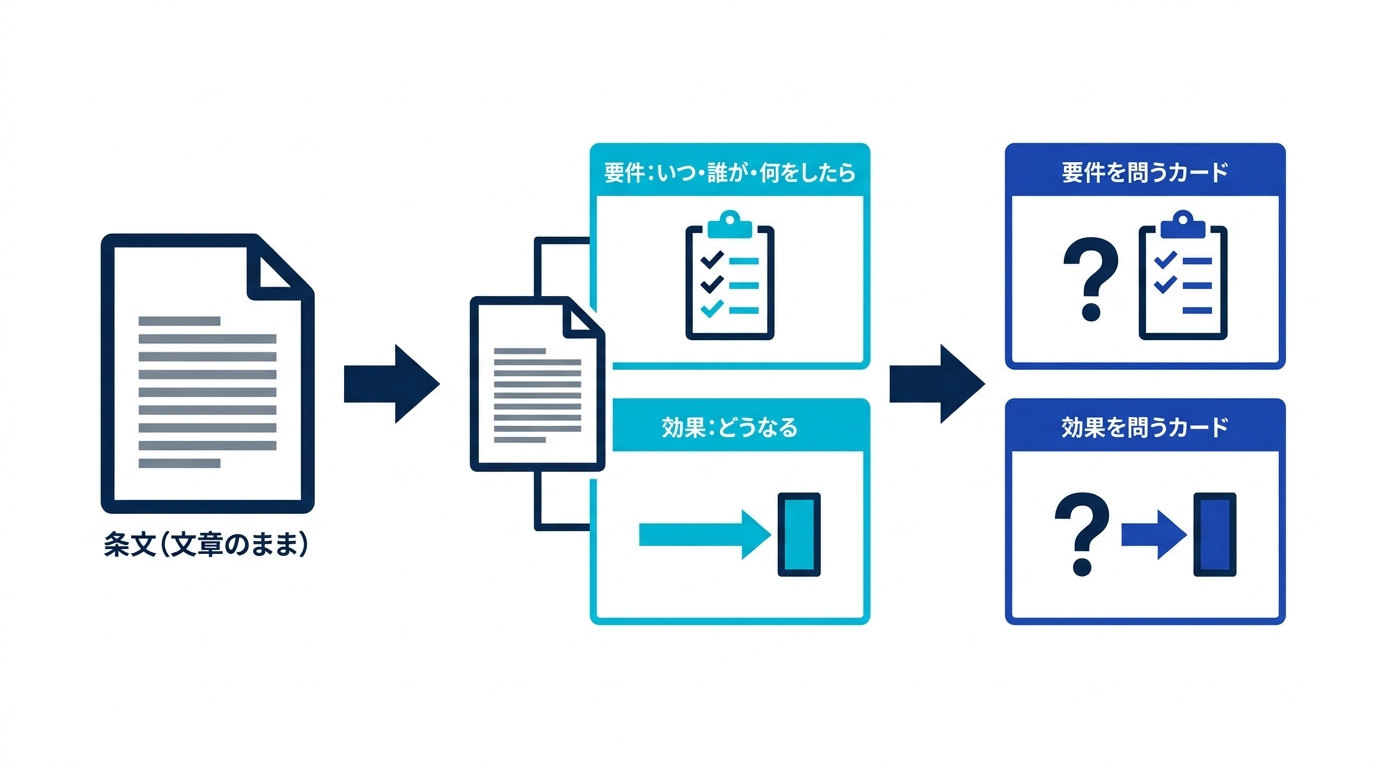 条文を要件と効果のペアに分解して問いと答えのカードにする流れの図