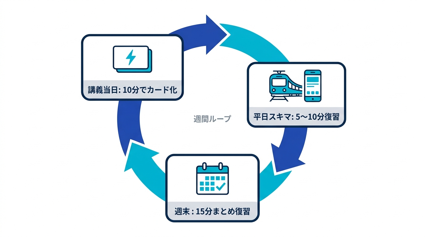 講義当日10分のカード化、平日のスキマ復習、週末15分のまとめ復習という週間ループの図