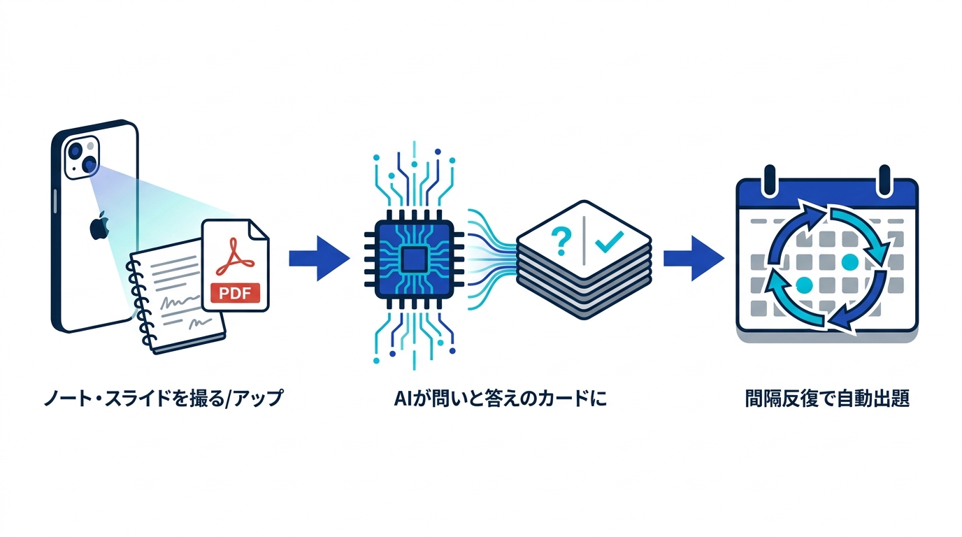 講義ノート・スライドを撮影またはアップロードし、AIが暗記カードに変換し、間隔反復で復習する3ステップの流れ