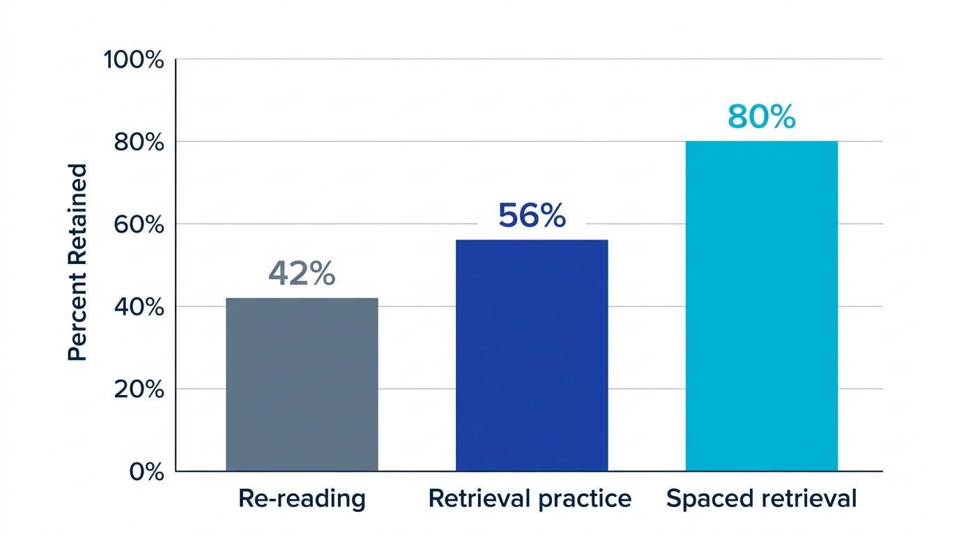 Bar chart showing retention after one week for re-reading at about 42 percent versus retrieval practice at about 56 percent versus spaced retrieval at about 80 percent