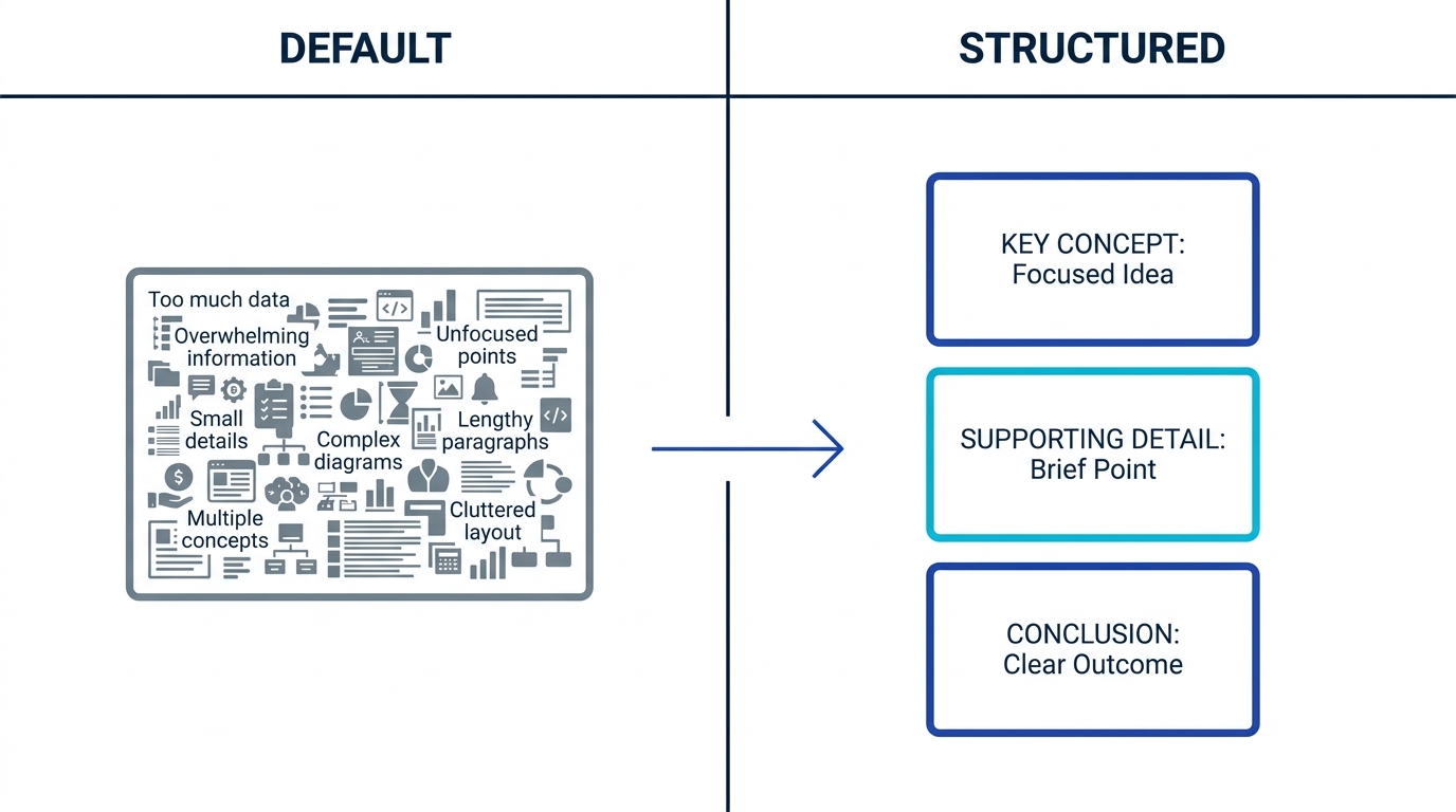 Side-by-side comparison diagram of a default ChatGPT flashcard prompt producing one bloated card versus a structured prompt producing three clean atomic cards