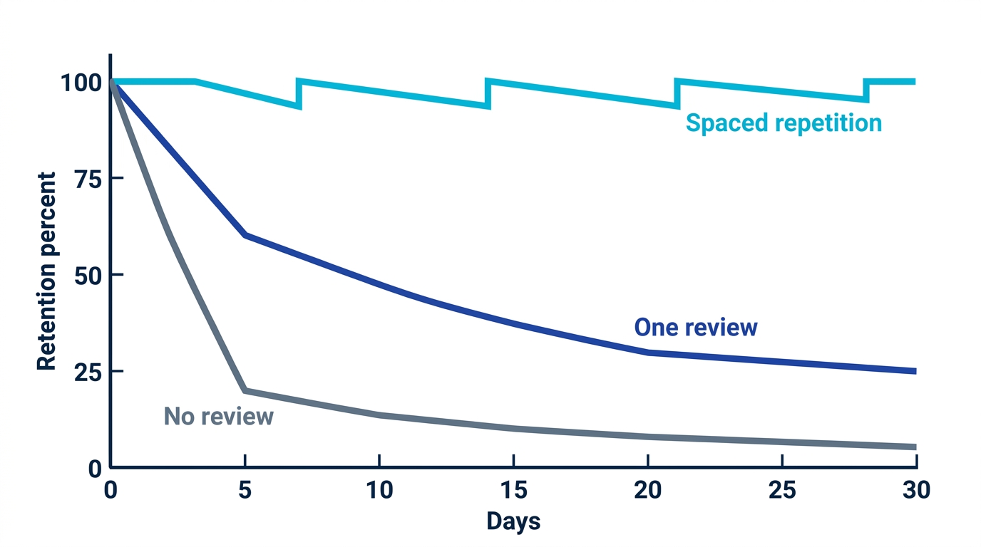 Line chart of memory retention over 30 days comparing no review declining steeply, a single review declining moderately, and spaced repetition staying high