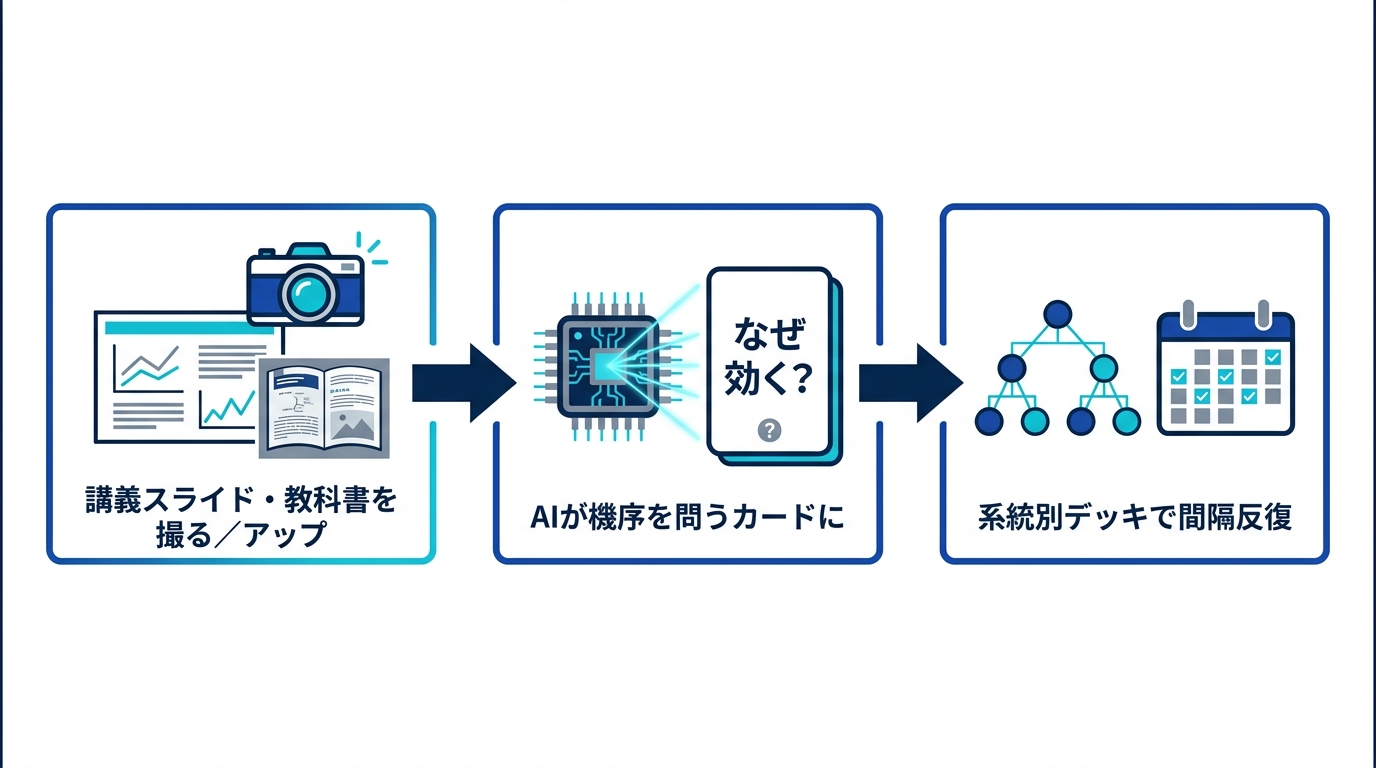講義スライドや教科書を系統別のデッキに整理し、機序を問うカードとして生成する流れの図