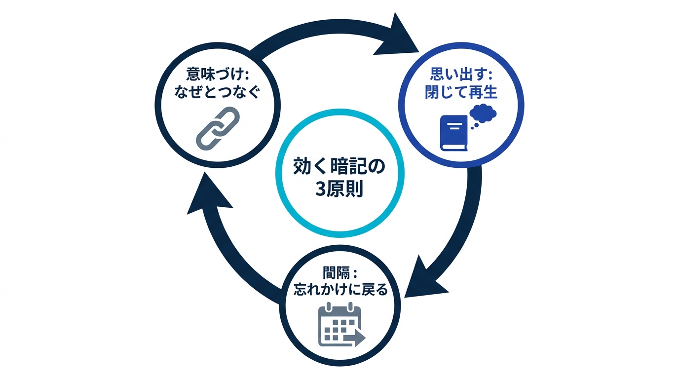 効く暗記の3原則の循環図。意味づけして覚え、思い出す練習をし、間隔をあけて戻る