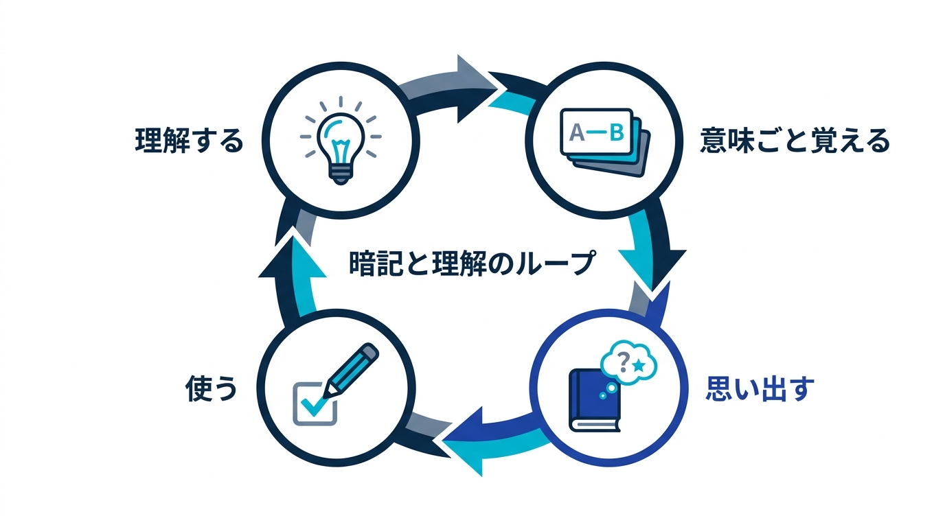 理解する、意味ごと覚える、思い出す、使う、の4ステップが循環する学習ループの図