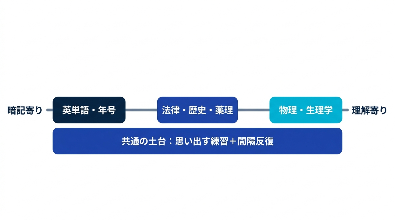 科目タイプごとの暗記と理解の比重を示す図。どの科目も土台には想起練習と間隔反復が共通で必要