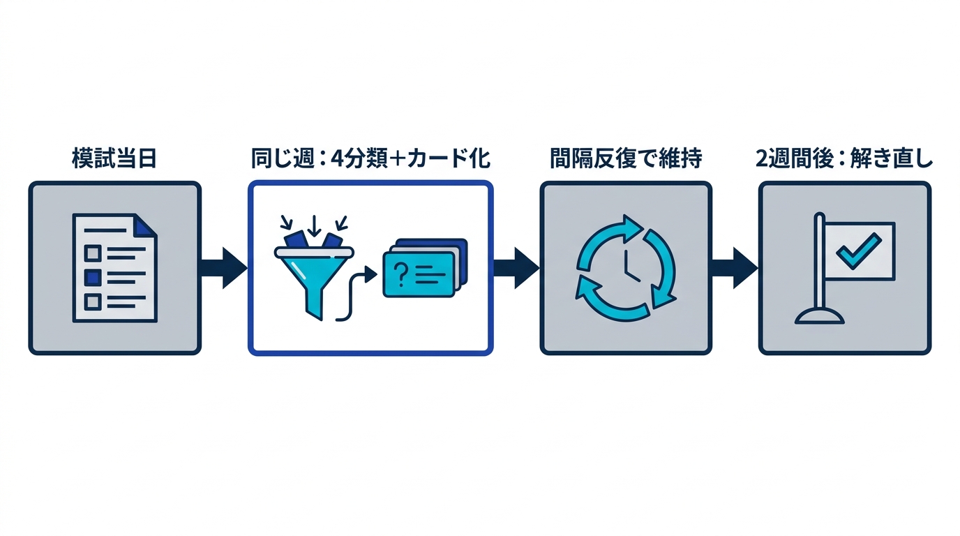 模試当日から同週内の分類とカード化、間隔反復、2週間後の解き直しまでの復習サイクルのタイムライン