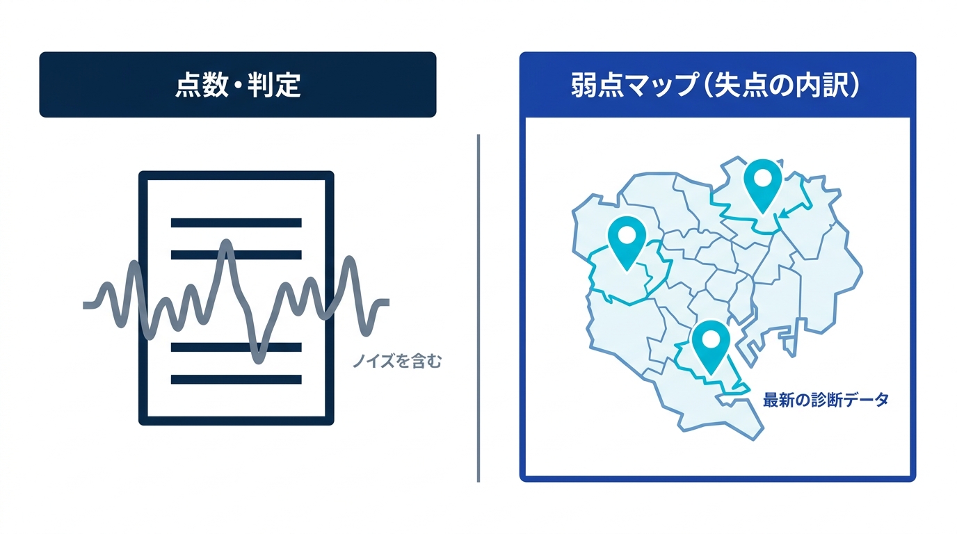 模試の点数はノイズを含む一方、失点の内訳は弱点マップという価値ある診断データであることを示す図