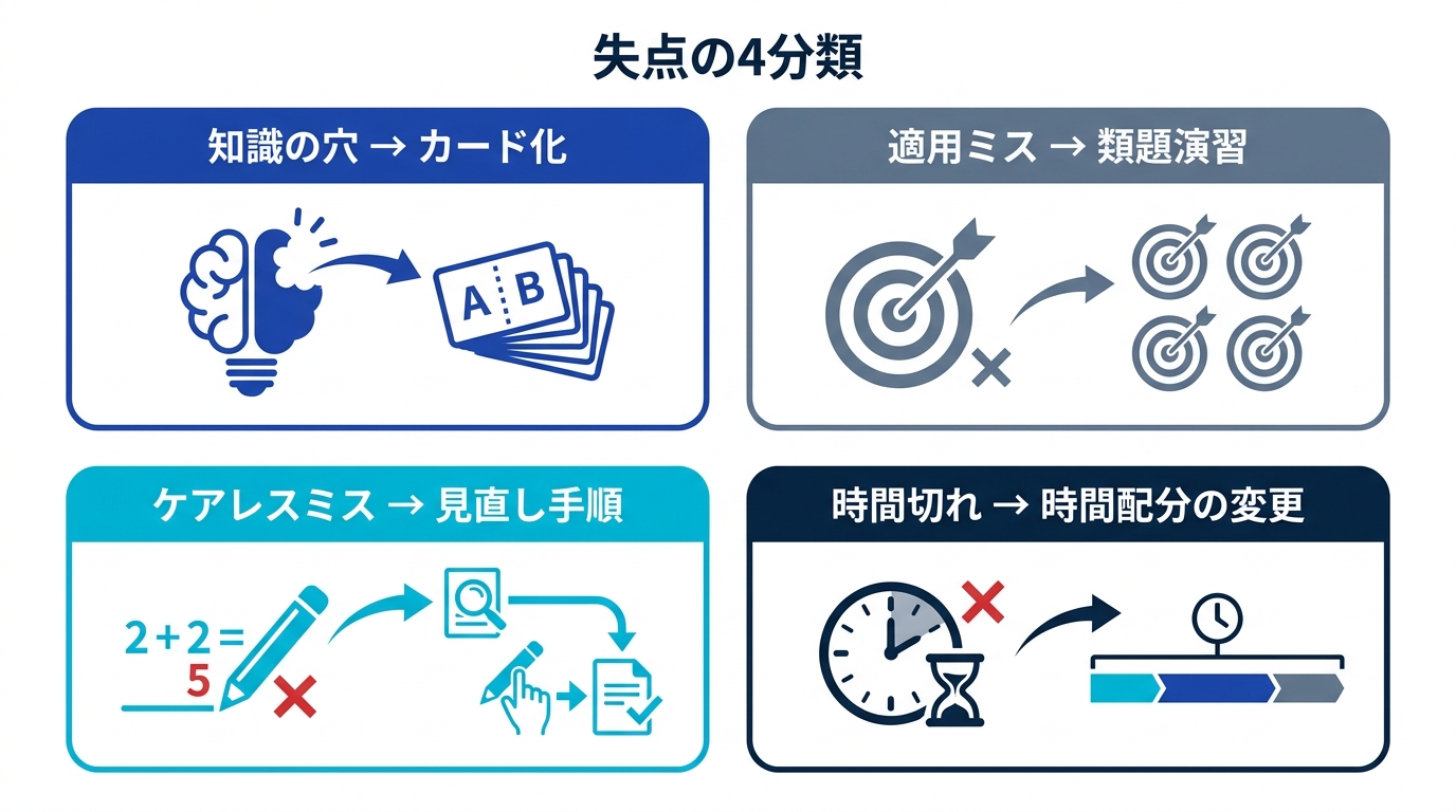 失点を知識の穴、適用ミス、ケアレスミス、時間切れの4種類に分類し、それぞれ異なる対処をとる分類図