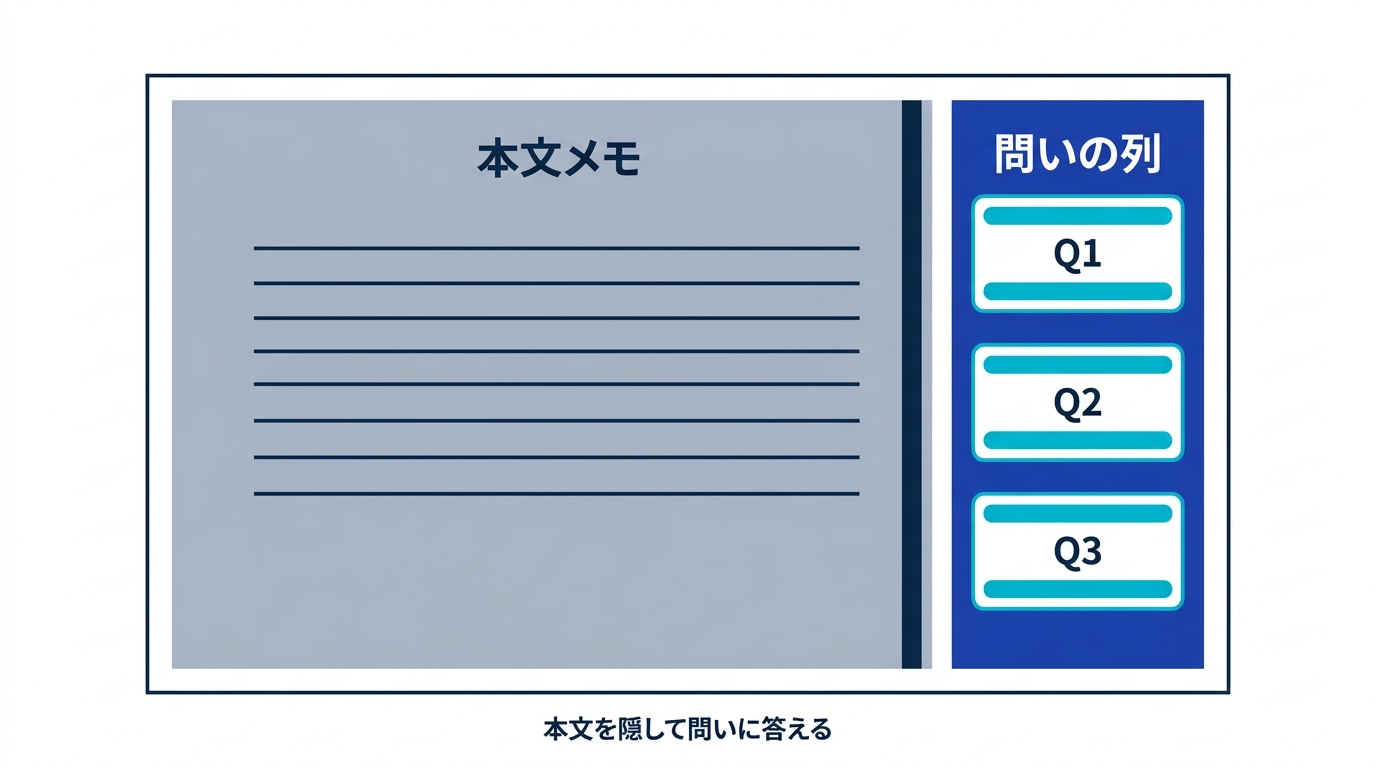 ノートの右端に問いの列を設け、本文を隠して問いに答える形式のレイアウト図