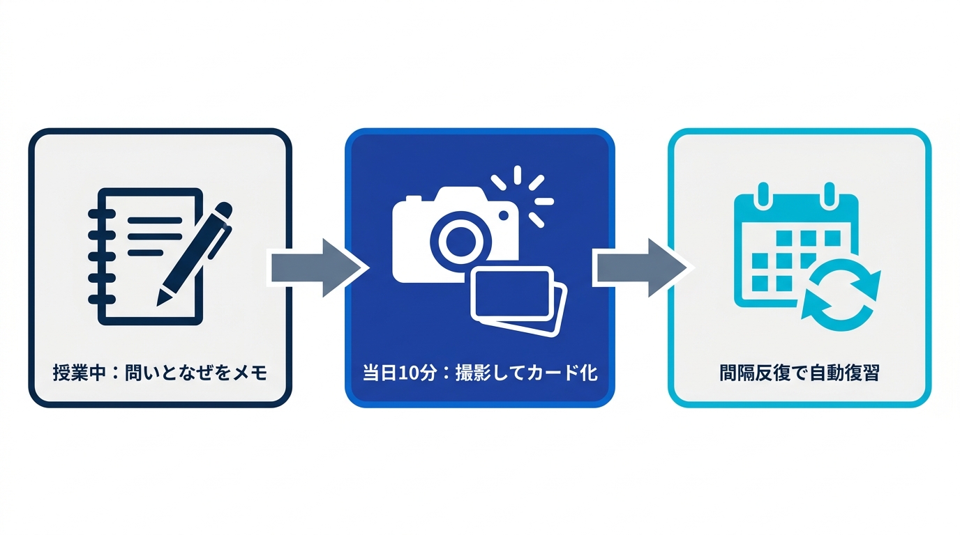 授業中は問いとなぜをメモし、当日10分でカード化し、間隔反復で復習するノート活用の流れ図