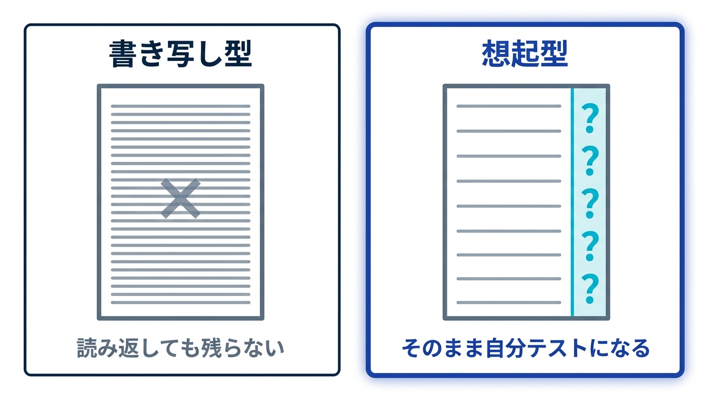 書き写し型ノートは死んだ記録になり、問いとなぜを拾う想起型ノートはあとでテストできる足場になることを対比した図