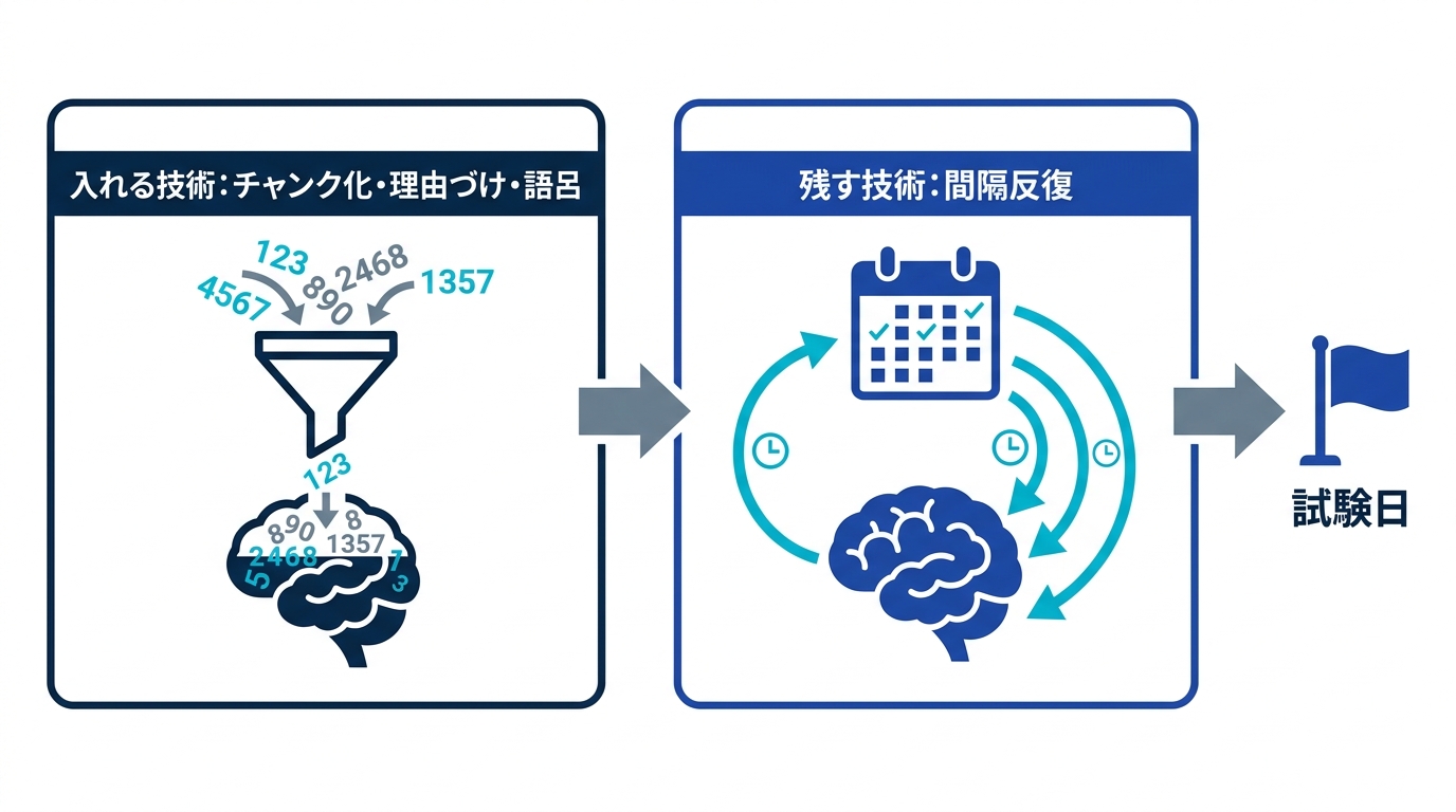 語呂合わせや理由づけは数字を記憶に入れる技術で、間隔反復だけが試験日まで残す技術であることを示す2段構えの図