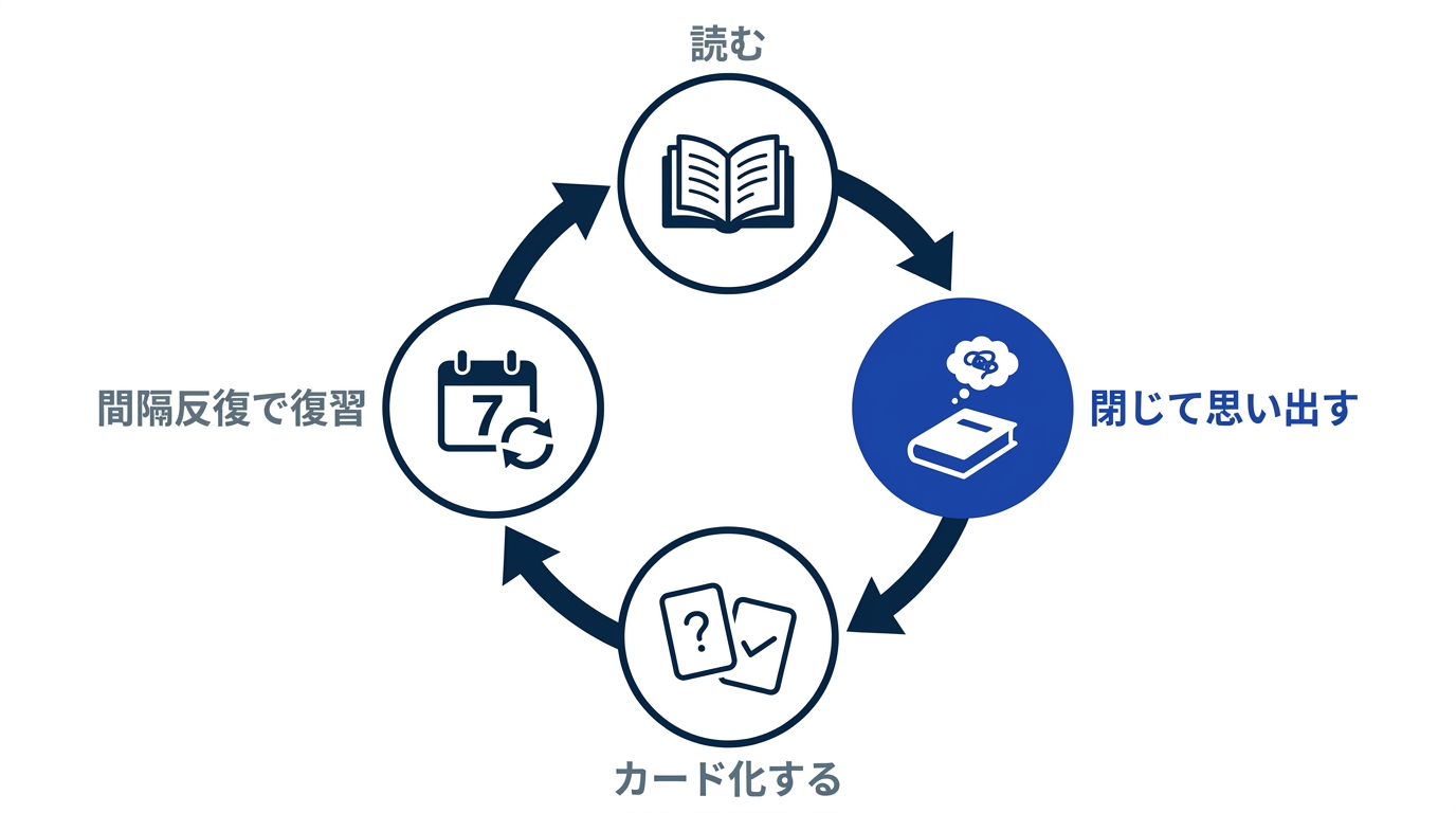 読む、閉じて思い出す、カード化する、間隔反復で復習する、というアウトプット接続型の学習サイクルの図