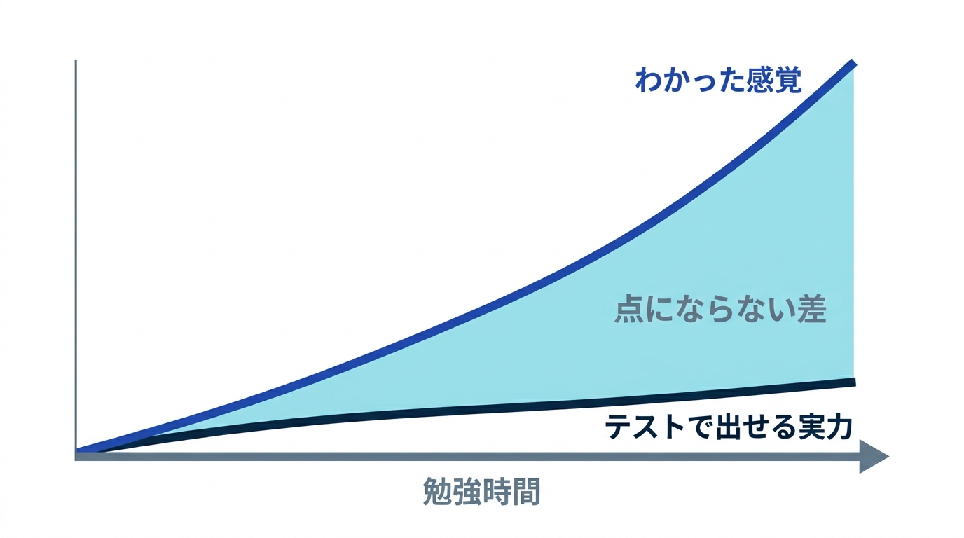 インプット中心の勉強では「わかった感覚」だけが先行し、テストで出せる実力との差が広がることを示す図