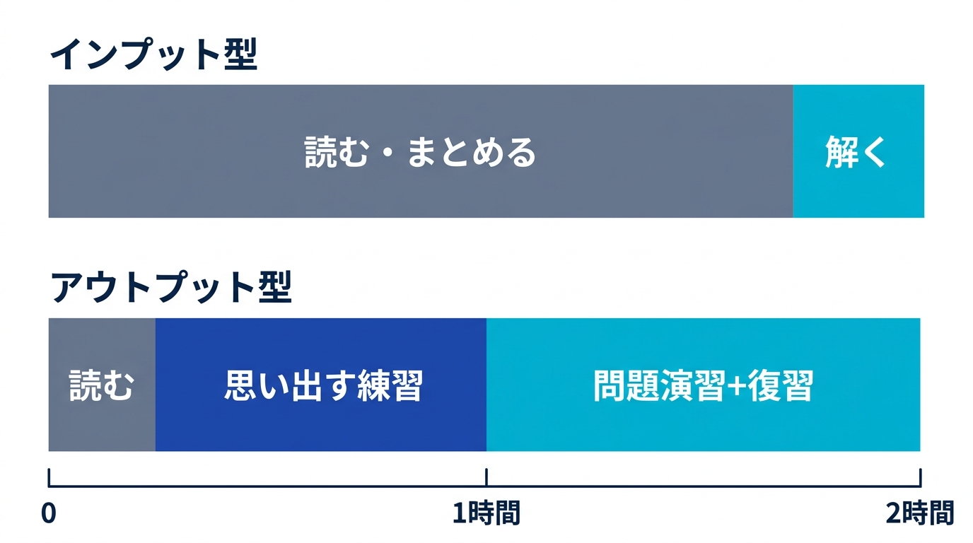 同じ2時間の使い方の比較。インプット型は読む作業が大半を占めるが、アウトプット型は思い出す練習と問題演習が大半を占める
