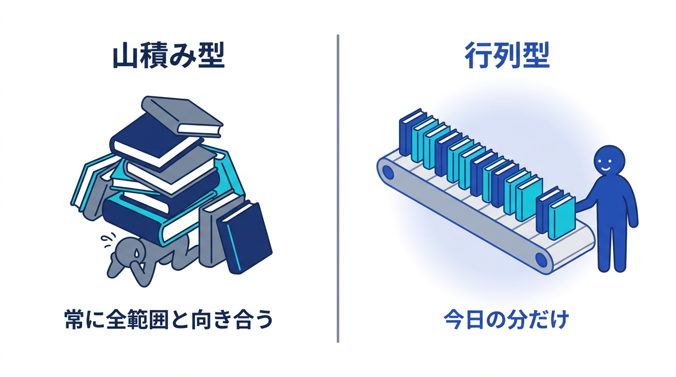 山積みの教材を一度に抱えようとする場合と、行列に並べて1日分ずつ処理する場合の対比図