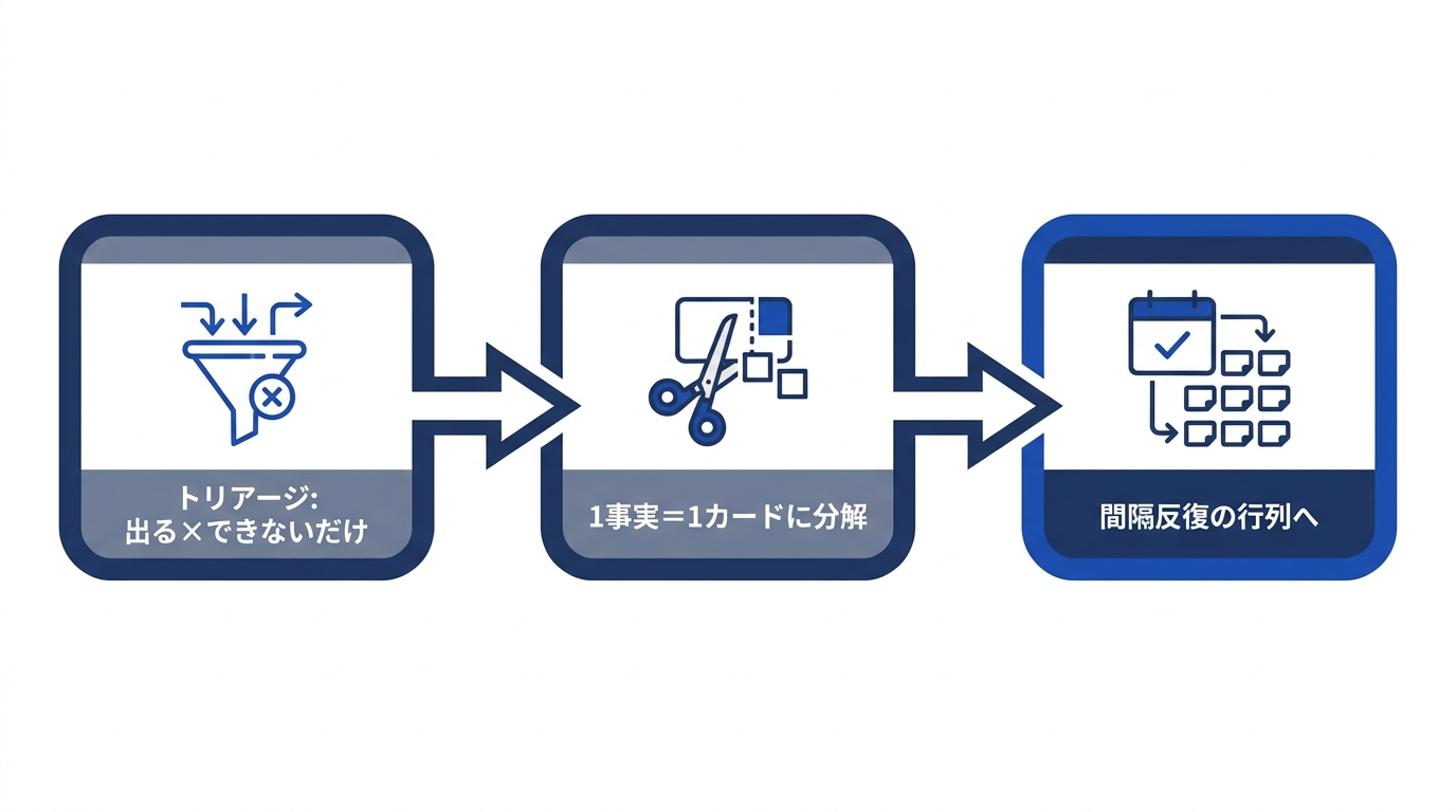 教材をトリアージし、1事実1カードに分解し、間隔反復の行列に流す3つの設計の流れ図