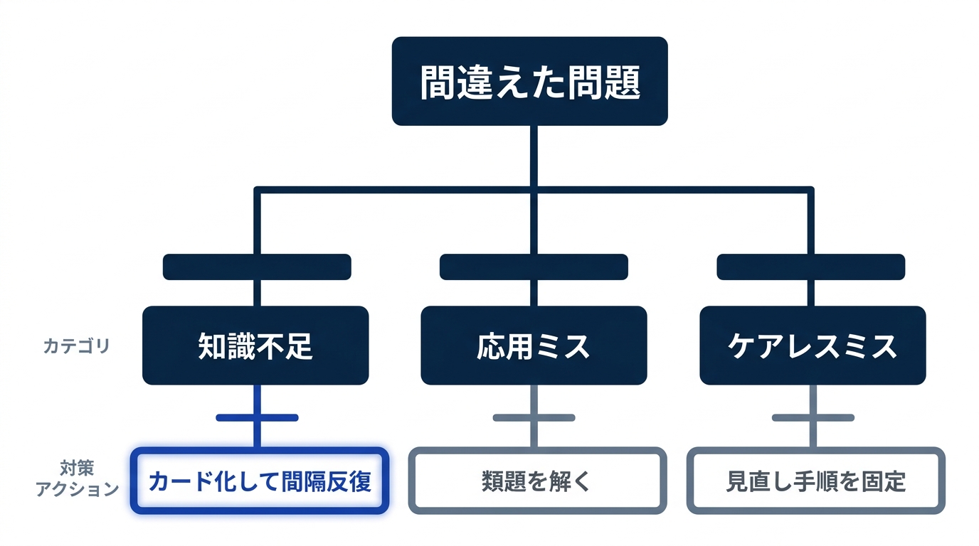 間違いを知識不足、応用ミス、ケアレスミスの3つに分類し、それぞれ対処が異なることを示す分類図