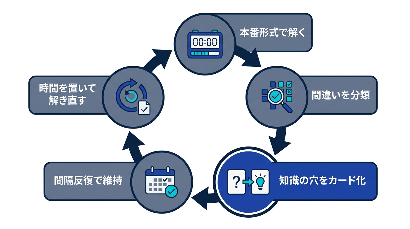 本番形式で解く、間違いを分類する、知識の穴をカード化する、間隔反復で維持する、時間を置いて解き直すという5ステップの循環図