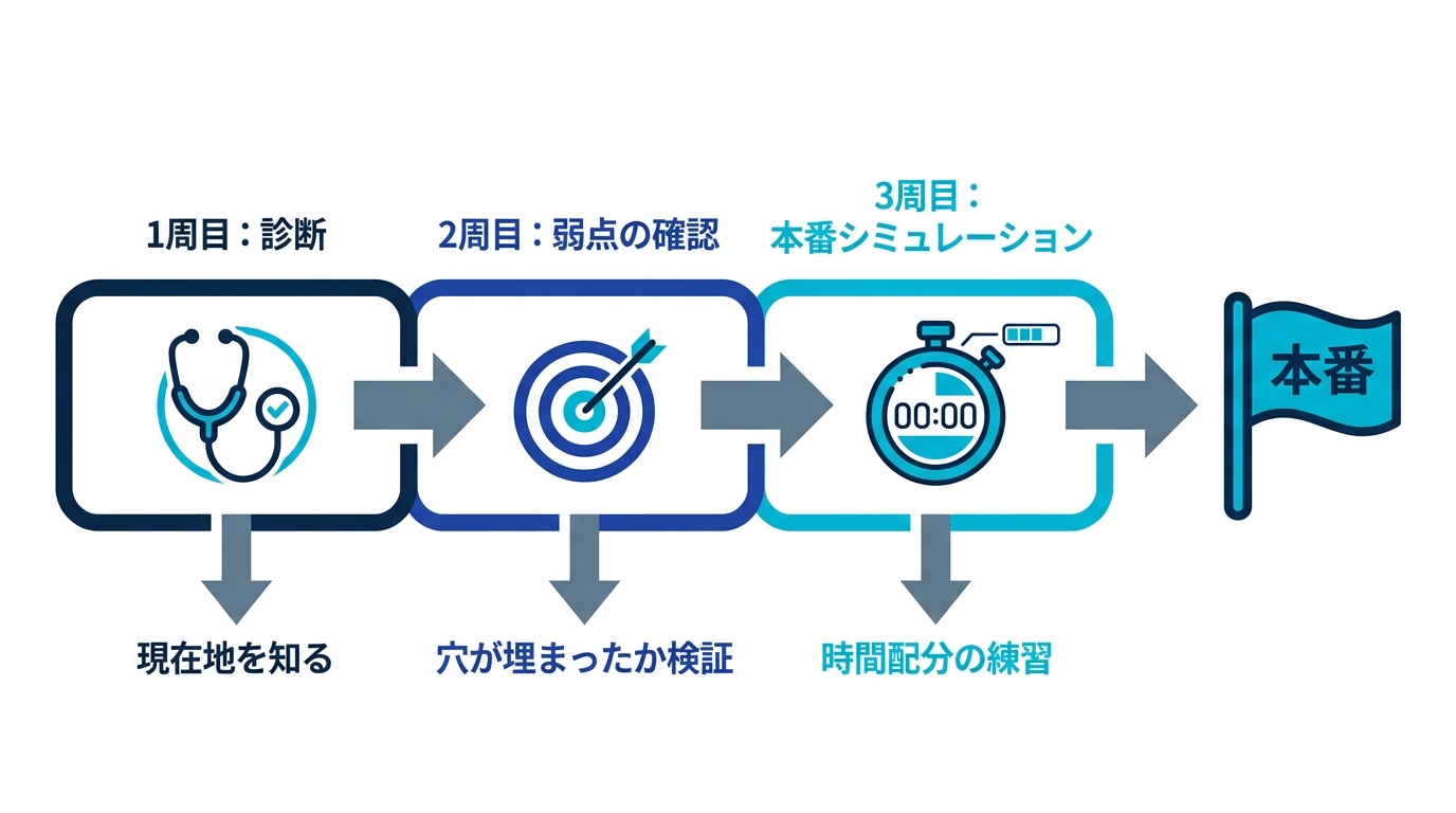 1周目は診断、2周目は弱点確認、3周目は本番シミュレーションという周回ごとの目的を示すタイムライン