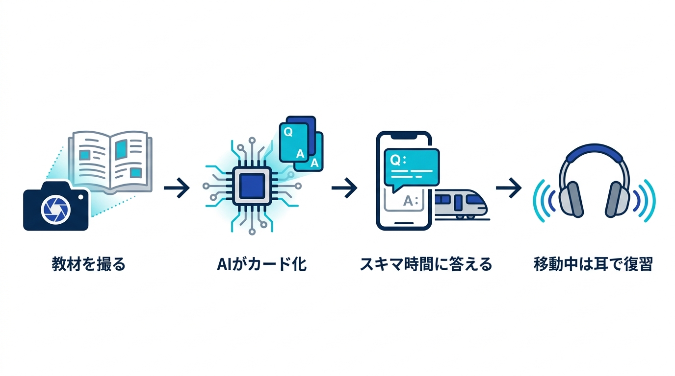 教材を撮影し、AIがカード化し、スキマ時間に復習し、移動中は耳で聴くというスマホ活用の流れ