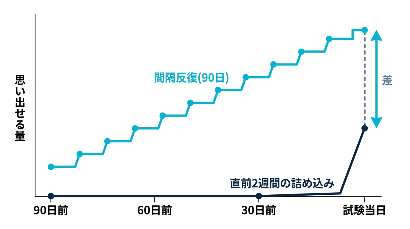 90日の間隔反復と直前2週間の詰め込みの比較チャート。試験当日に思い出せる量に大差がつく