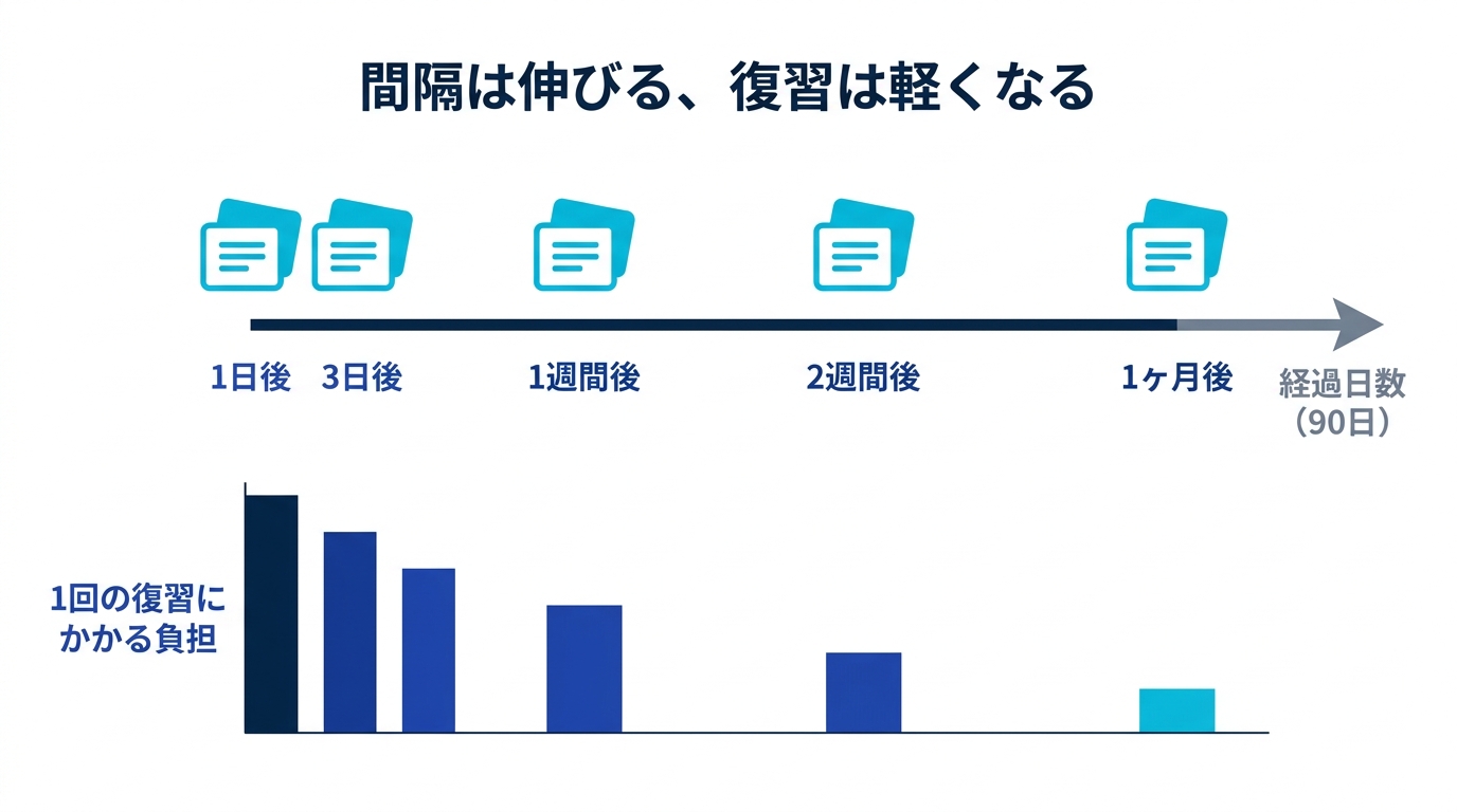 90日間で復習間隔が1日から1ヶ月へ伸びていく間隔反復の図。間隔が伸びるほど1回の復習が軽くなる