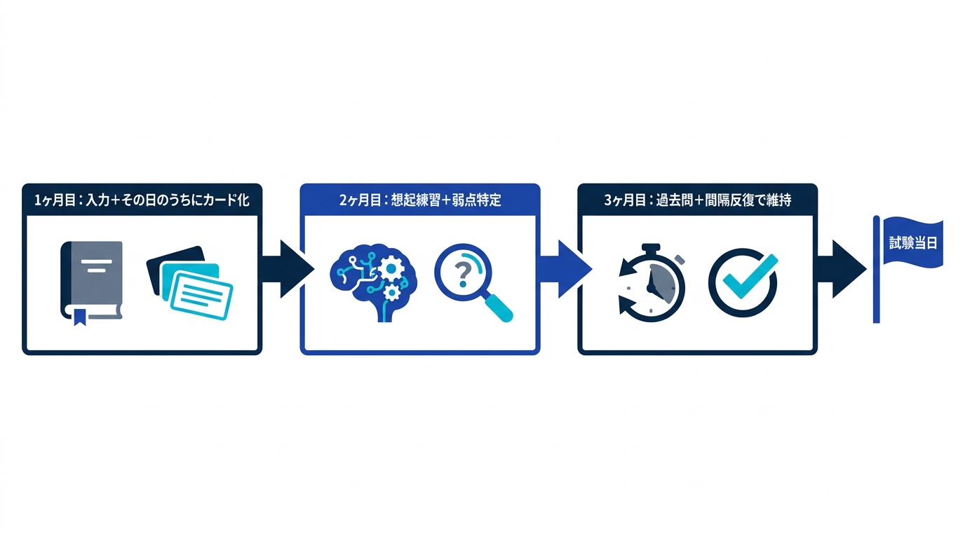 90日を入力・想起・実戦の3フェーズに分けた逆算プランのタイムライン