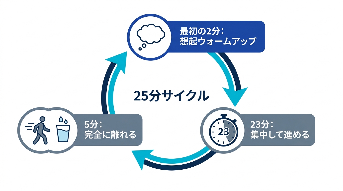 2分の想起ウォームアップ、23分の集中、5分の休憩を繰り返すサイクルの図