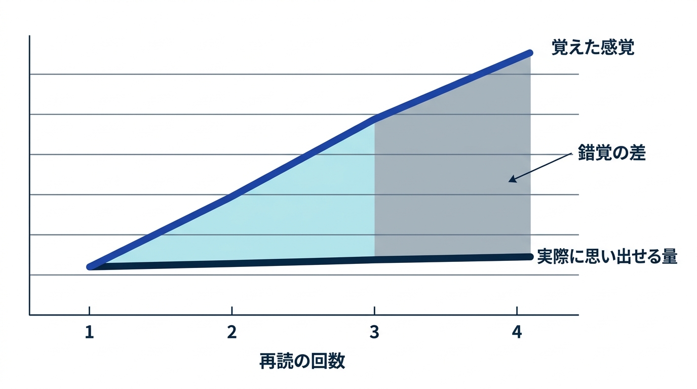 再読の回数が増えるほど「覚えた感覚」は上がるが、実際に思い出せる量との差が開いていく流暢性の錯覚の図