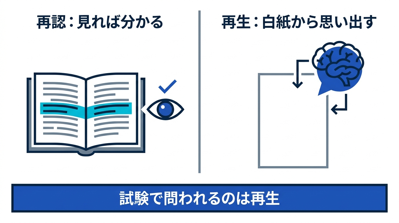 再認(見れば分かる)と再生(白紙から思い出せる)の違い。試験や実務で必要なのは再生であることを示す図