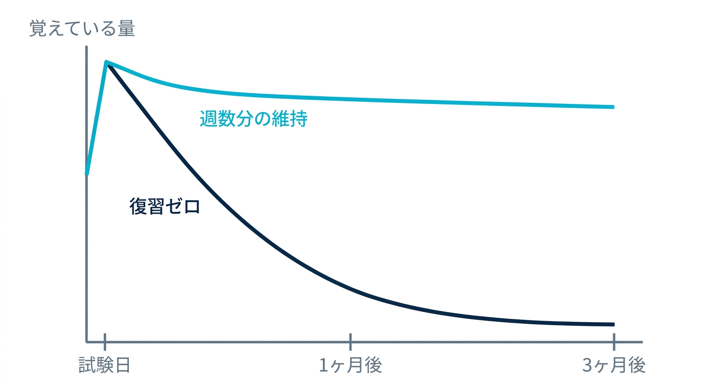 試験日をピークに復習が止まると記憶が急減するカーブと、軽い維持復習を続けた場合の残存カーブの比較