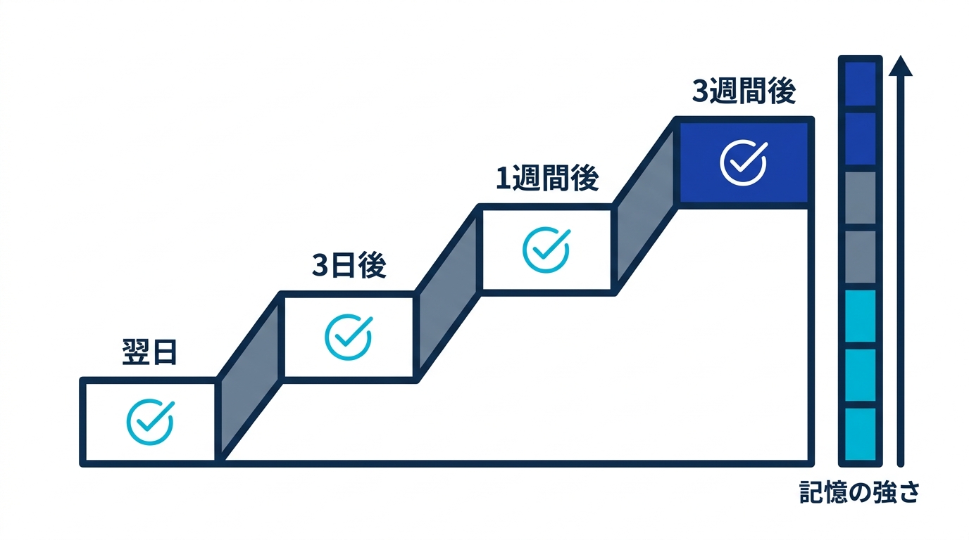 翌日、3日後、1週間後、3週間後と間隔を広げながら思い出しに成功するたびに記憶が強くなる拡張間隔の図