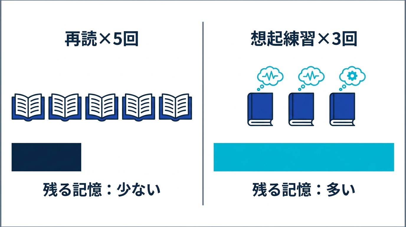 再読5回と想起練習3回の比較。回数が少なくても自力で思い出した回数が多いほうが記憶に残ることを示す図