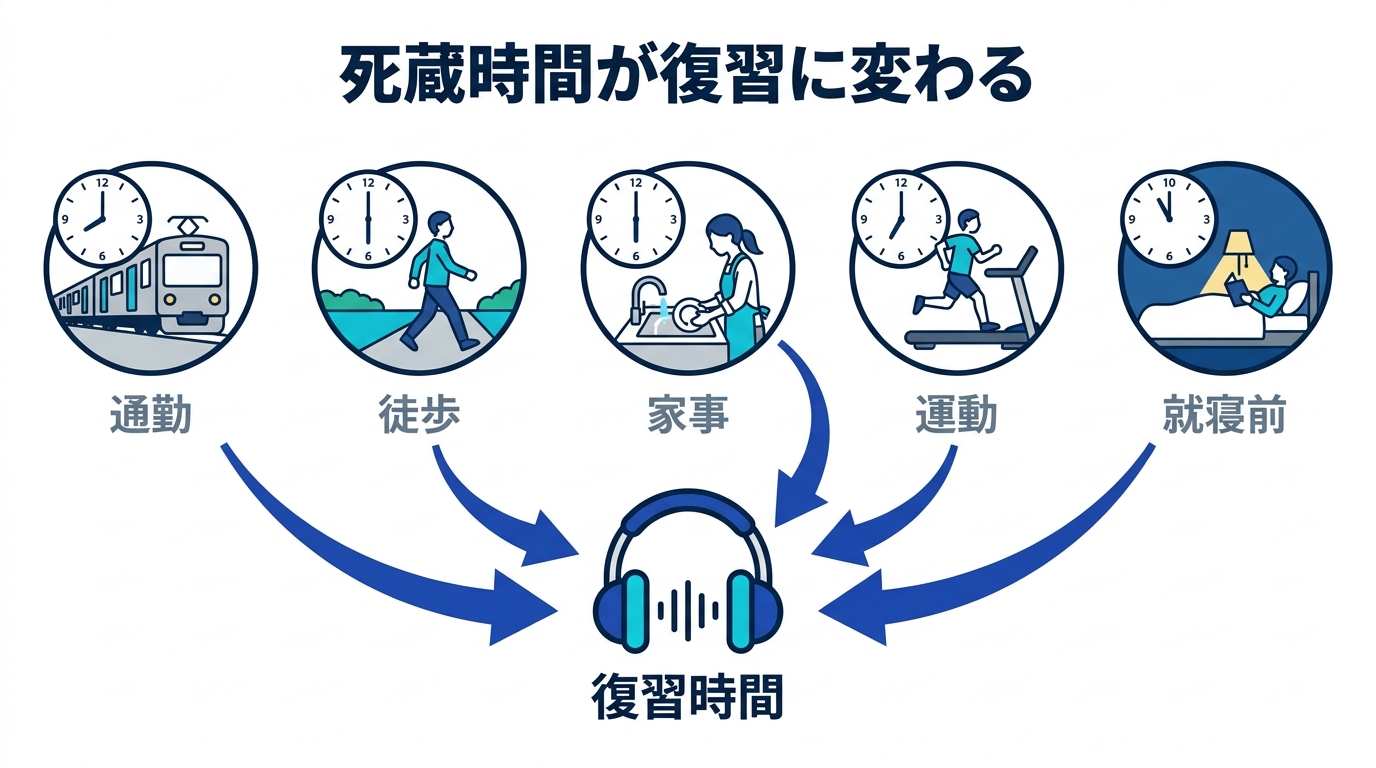 死蔵時間が復習時間に変わる図解 - 通勤・徒歩・家事・運動・就寝前の時間がヘッドホンで復習時間になる