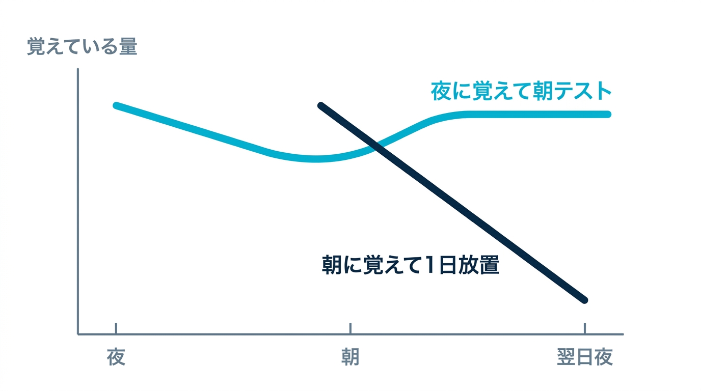 夜に覚えて朝に想起テストするペアと、朝に覚えて1日放置するパターンの記憶の残り方の違いを示す概念図