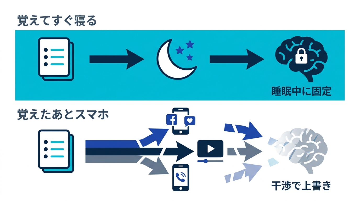 寝る前に覚えて睡眠で固定する流れと、覚えたあとにSNSなどの情報で干渉されて失われる流れの対比図