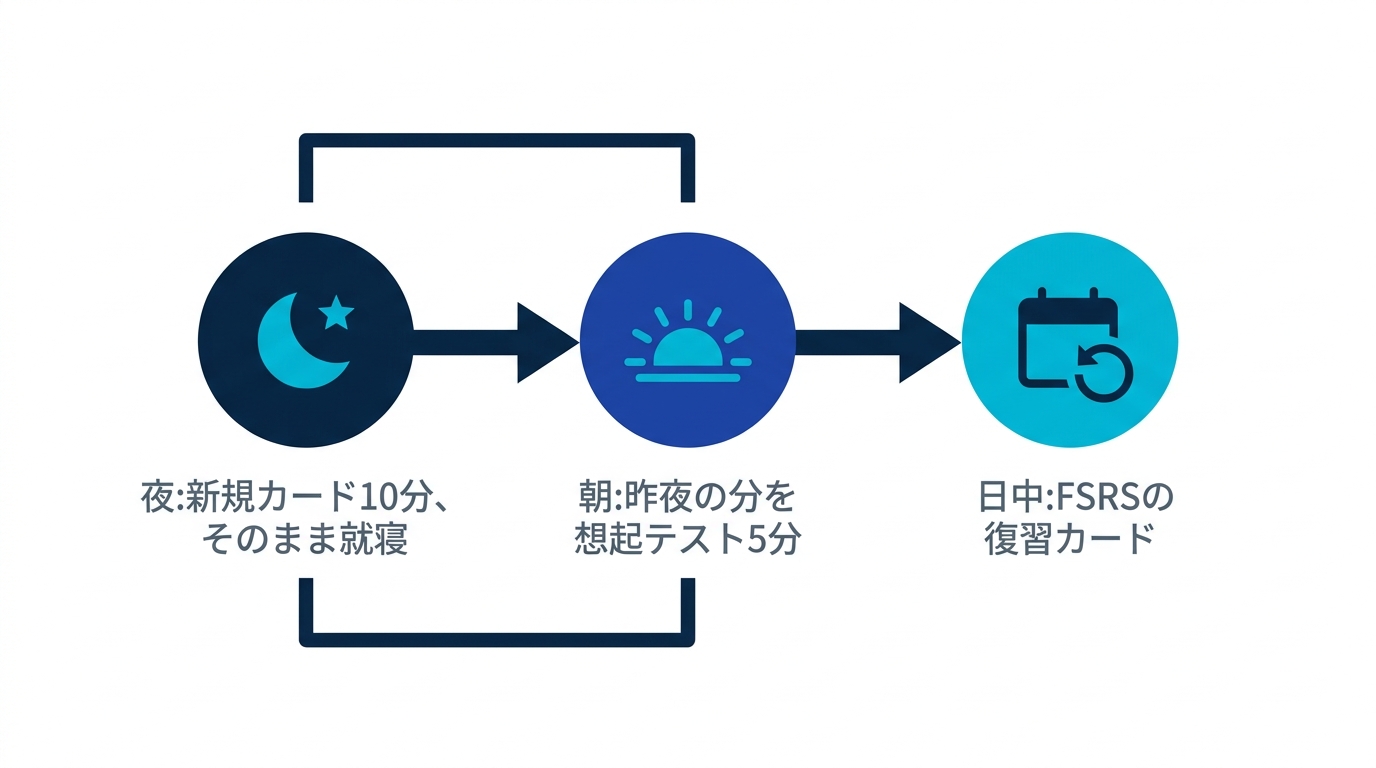 夜は新規カードを覚えて就寝、朝は昨夜の分を想起テスト、日中はFSRSの復習という1日のゴールデンルーティンの図