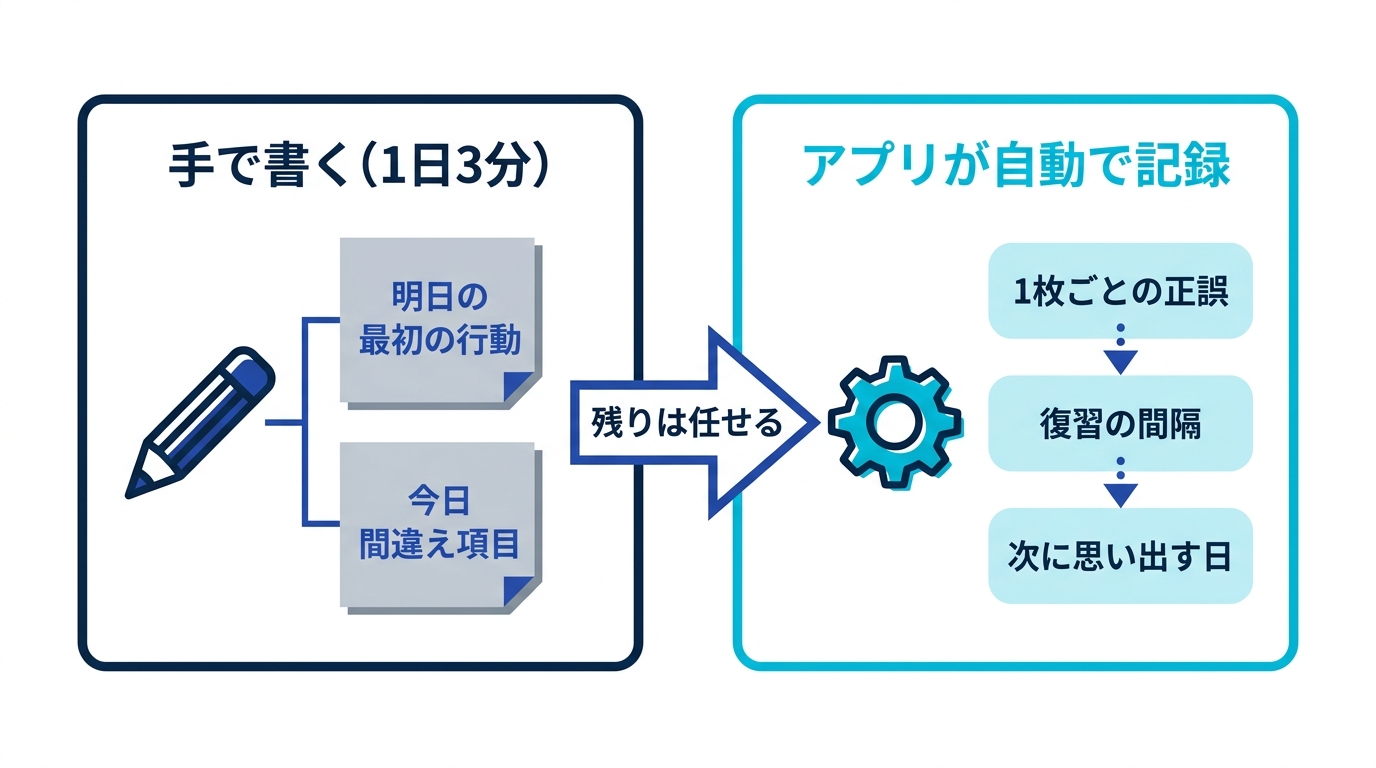 手で書く記録は明日の最初の行動と間違えた項目の2つだけ。復習履歴や定着度はアプリが自動記録する分担図
