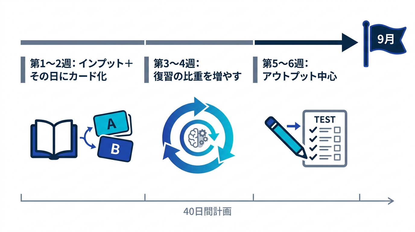 40日の夏休み暗記計画のタイムライン。前半はインプットとカード化、中盤は復習比重を増やし、後半はアウトプット中心に切り替える